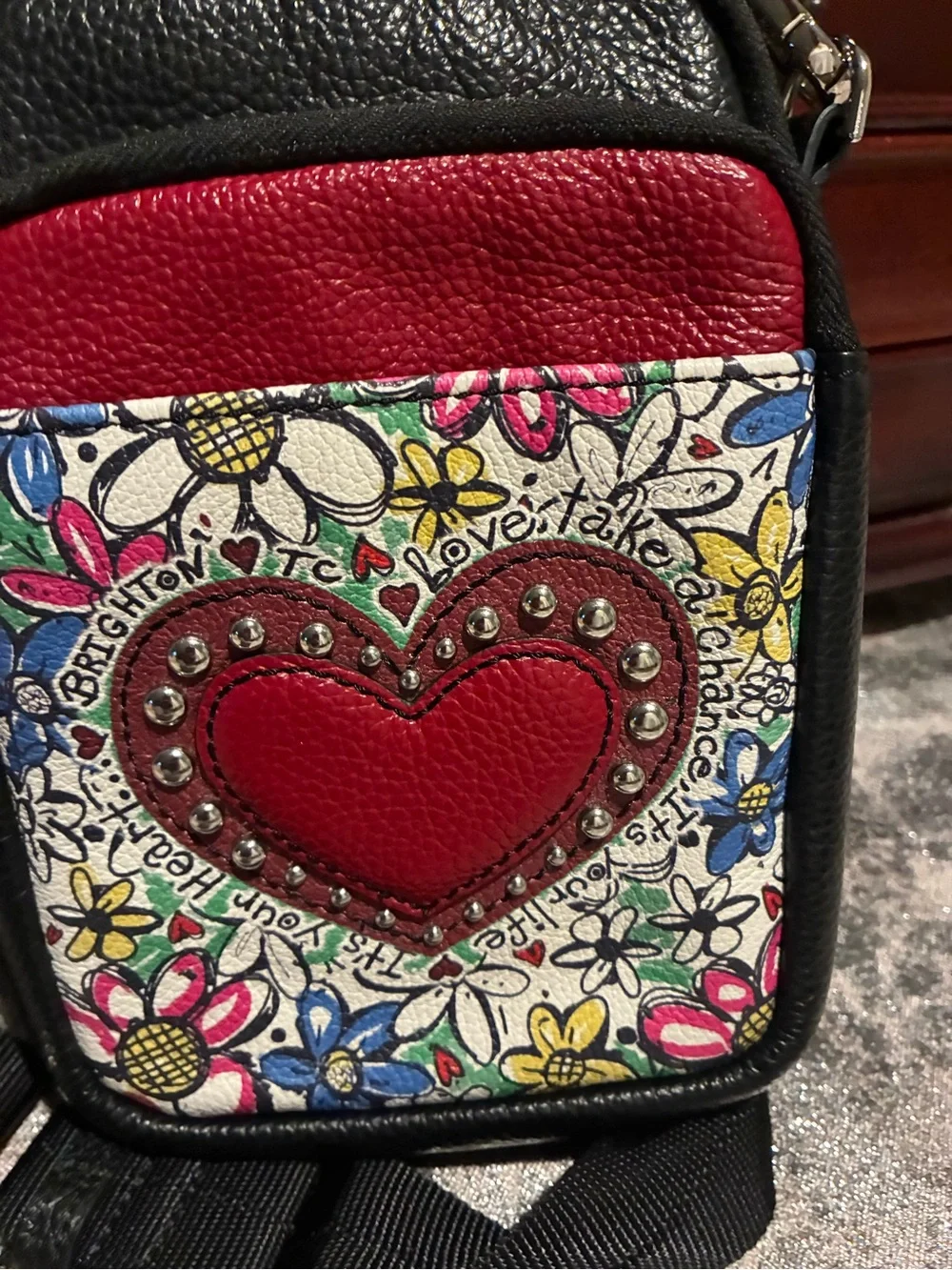 Brighton-Leather Scribble Crossbody Bag in Red, Black and Floral
